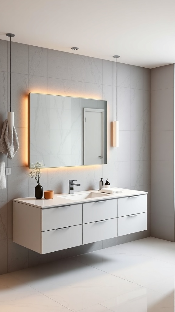 A modern bathroom featuring a sleek floating vanity with a large mirror and stylish lighting.