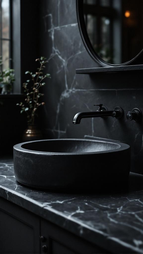 A dark stone sink with a vintage faucet in a stylish bathroom setting.