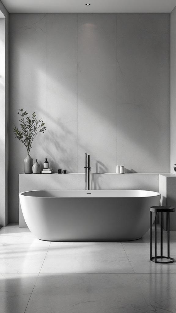 A modern grey bathtub surrounded by minimalist decor.