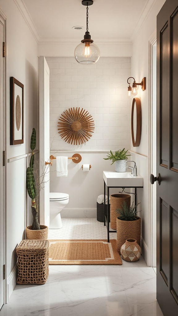 A stylish bathroom entryway featuring marble flooring, white tile walls, and decorative accents.