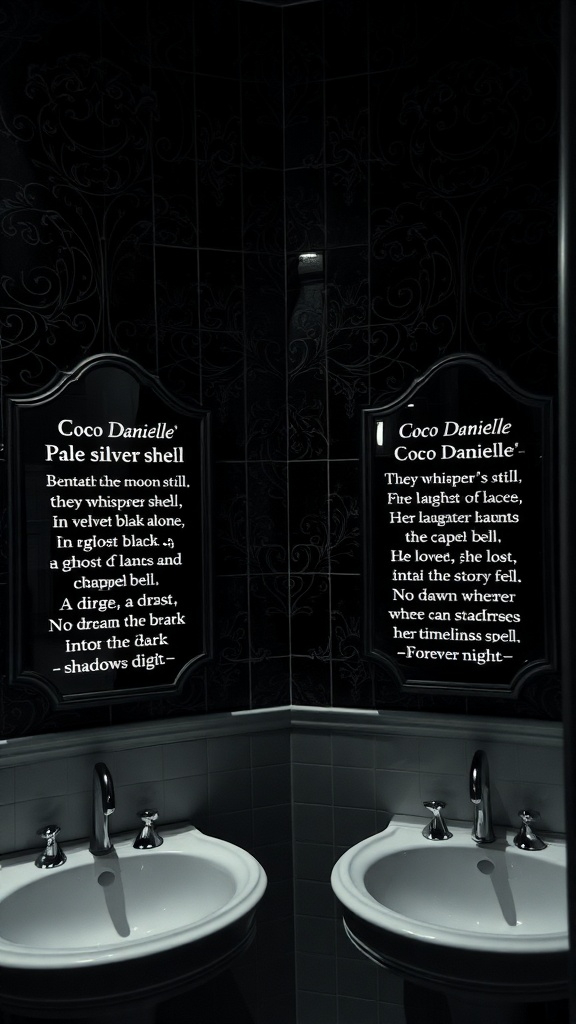 A dark academia bathroom featuring mirrors with philosophical quotes.