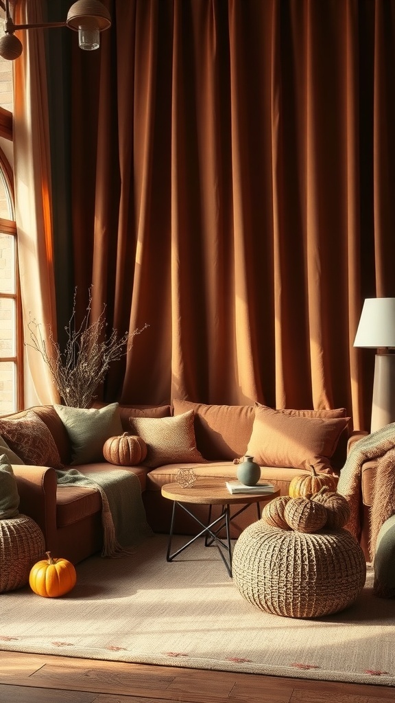 A cozy living room with rich, earthy tones, featuring warm orange curtains, a brown sofa, and decorative pumpkins.
