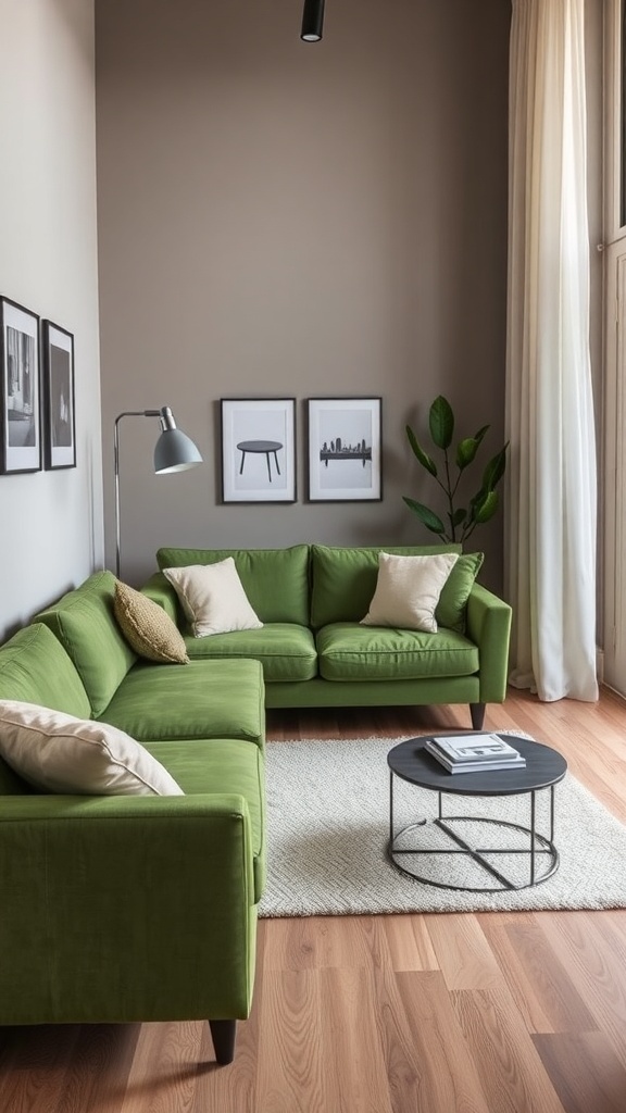 A cozy living room featuring an olive green sofa, light wood flooring, and a round coffee table.