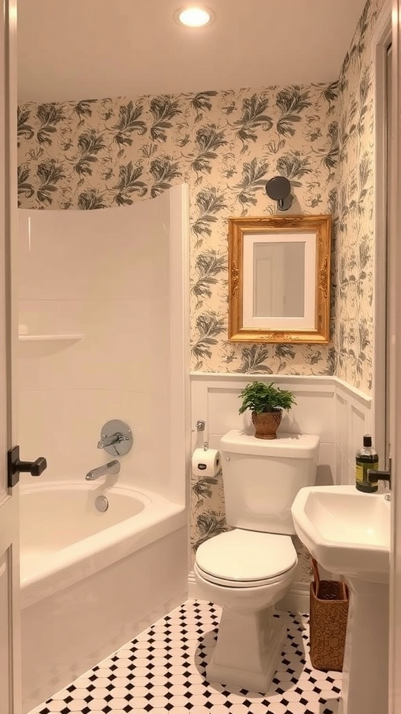 A modern bathroom featuring bold floral wallpaper, a bathtub, and stylish fixtures.