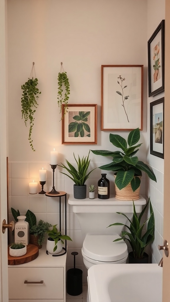 A stylish bathroom with plants, candles, and framed artwork.