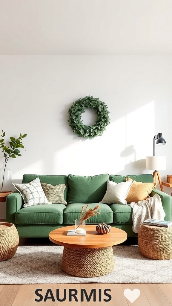 A cozy olive green sofa with decorative pillows, a wooden coffee table, and woven baskets in a bright living room.