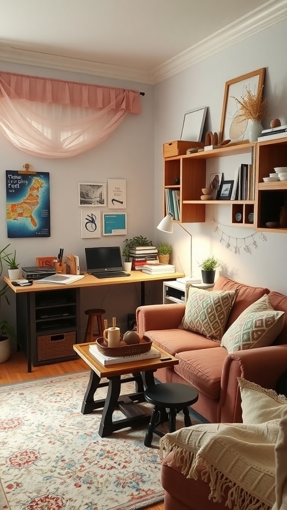 A cozy living room with a craft corner featuring a desk, plants, and a comfy sofa.