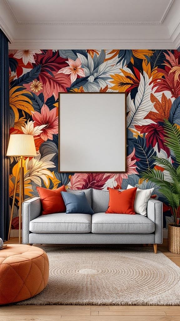 A living room with bold floral wallpaper, a gray sofa with colorful cushions, and a round orange pouf.
