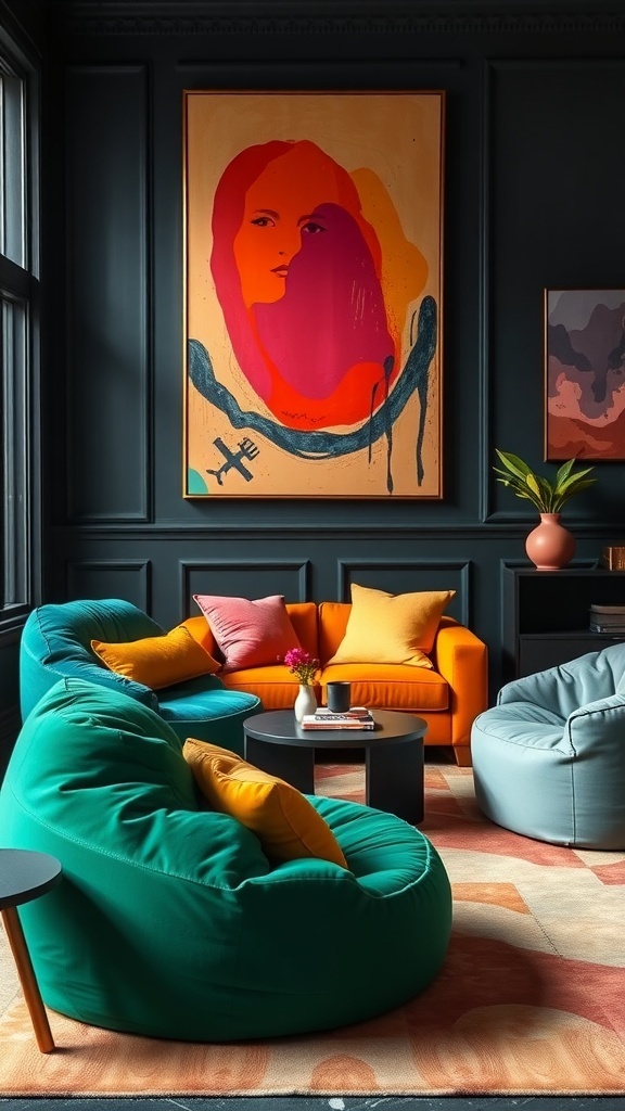 A vibrant living room featuring colorful bean bags and bold artwork.
