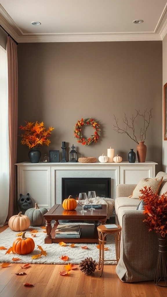 A cozy living room decorated for fall with pumpkins, leaves, and a wreath.