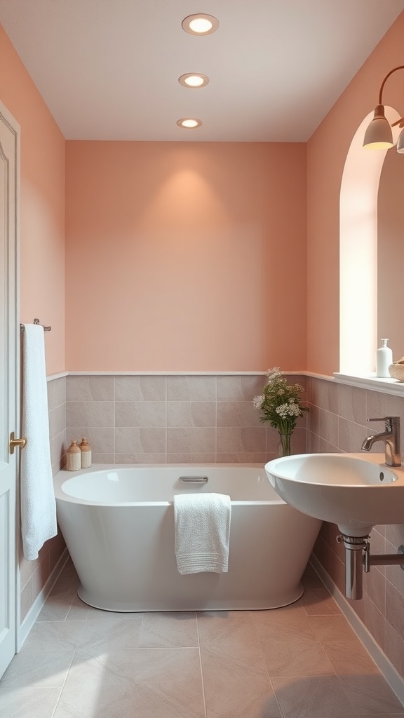 A stylish bathroom featuring soft peach walls, a white bathtub, and modern fixtures.