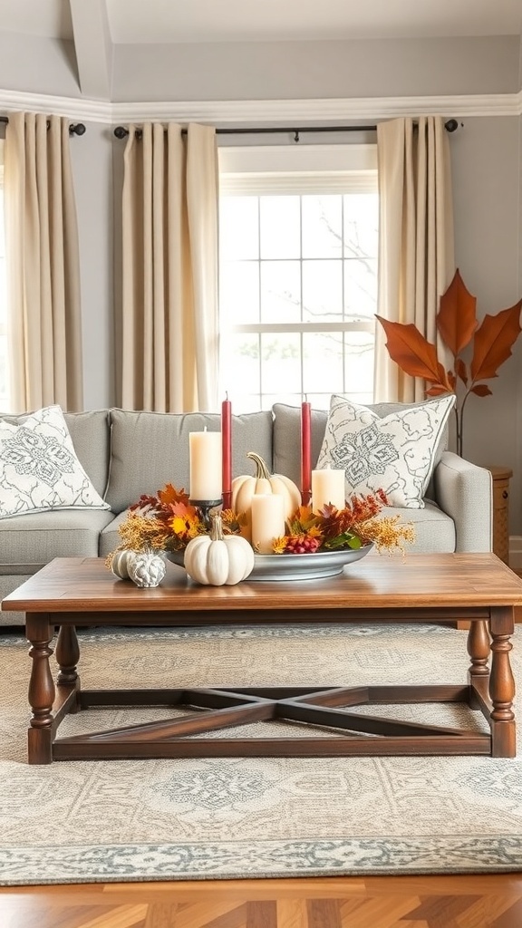 Cozy living room with autumn-themed table decor featuring pumpkins and candles.