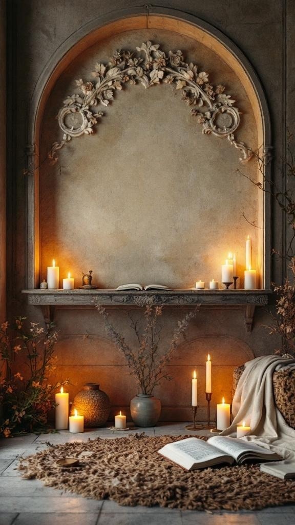 A cozy reading nook with candles, a book, and a soft rug.