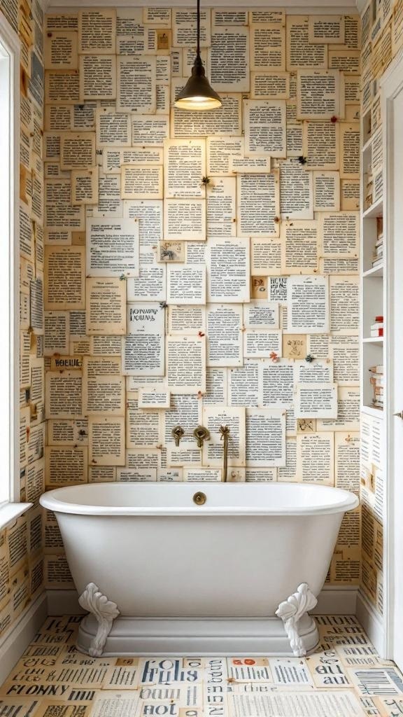 Bathroom with book page wallpaper and a white bathtub