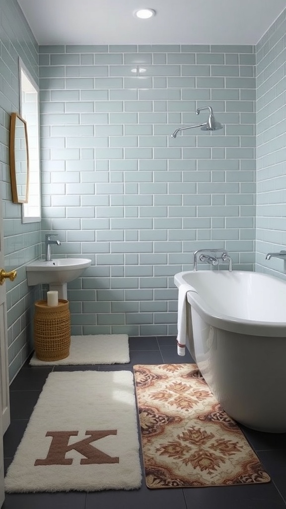 A modern bathroom featuring stylish bath mats, one fluffy and one patterned.