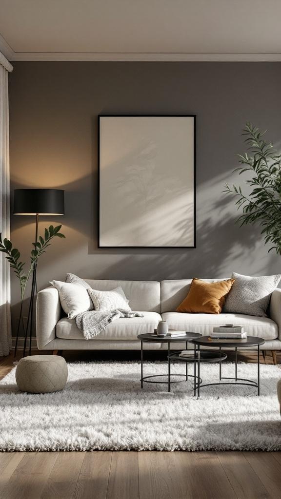 A cozy living room with a white couch, velvet bean bag, and a taxidermy crow.