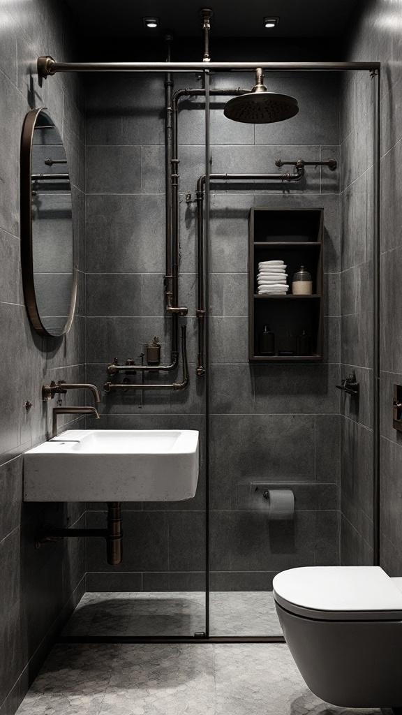 A modern industrial bathroom featuring exposed pipes and minimalist design.