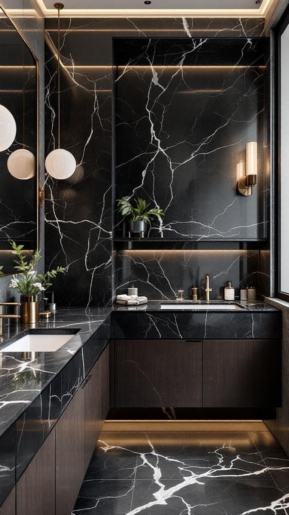 A modern bathroom featuring dark marble countertops with white veining, complemented by sleek fixtures and warm lighting.