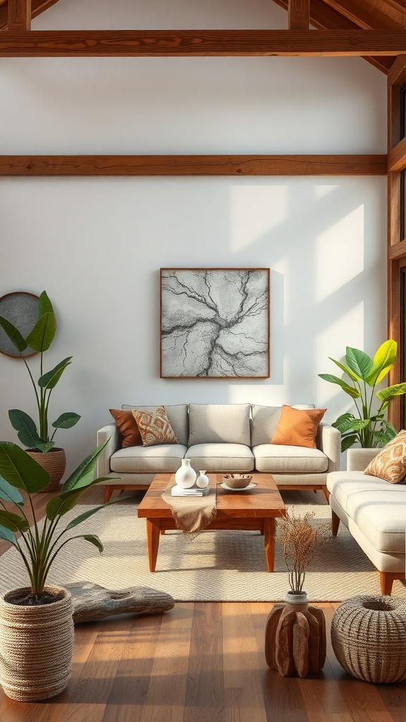 Cozy living room with natural decor elements like plants and wooden furniture.