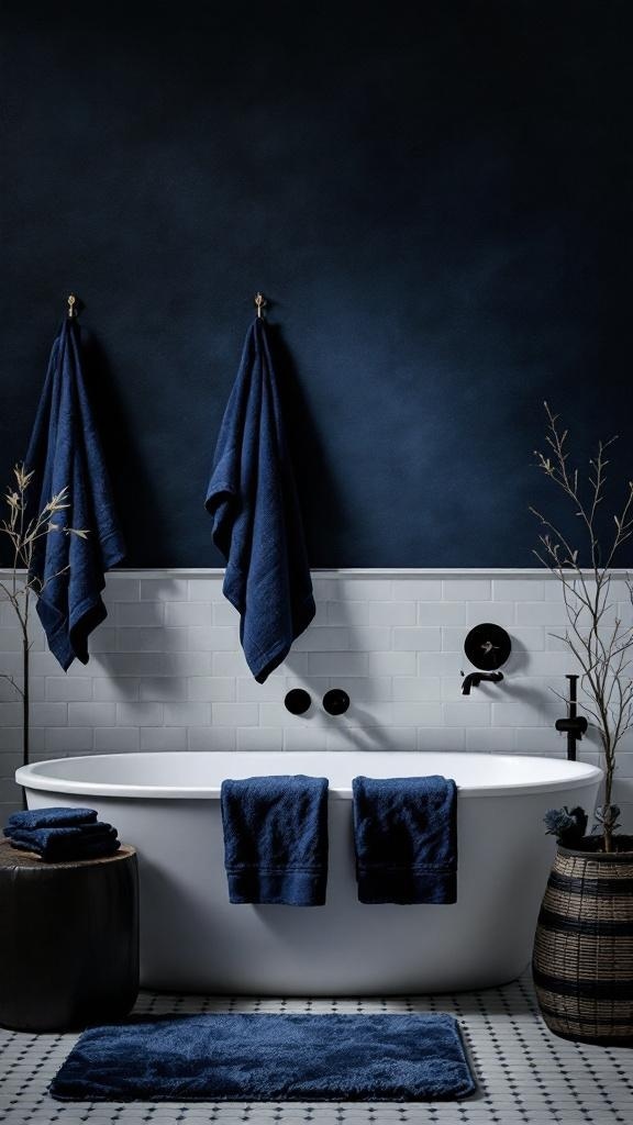 A dark bathroom featuring navy blue towels and accents against a white tiled wall.