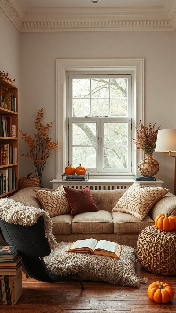 Cozy reading nook with autumn decor, featuring a sofa, pumpkins, and a book.