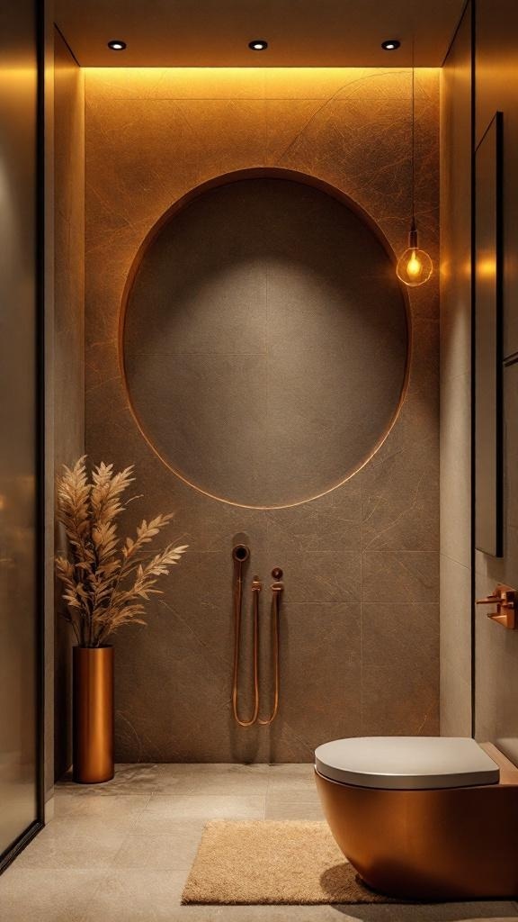 A modern bathroom featuring warm copper fixtures and earthy tones.