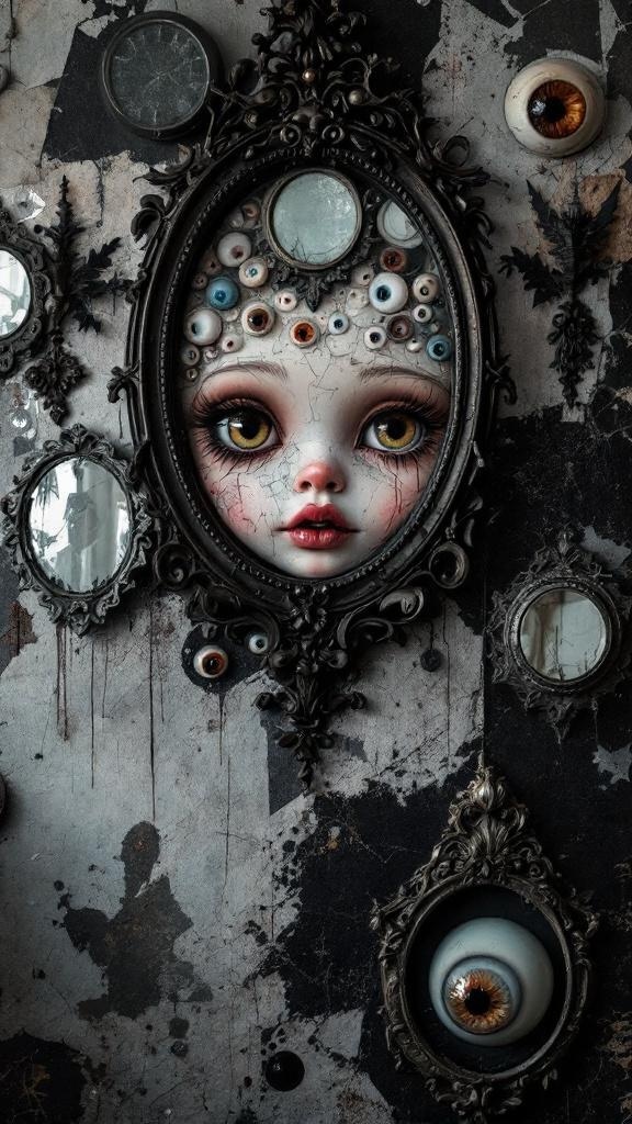 A decorative wall featuring doll eyes and broken mirrors, creating a witchy atmosphere.