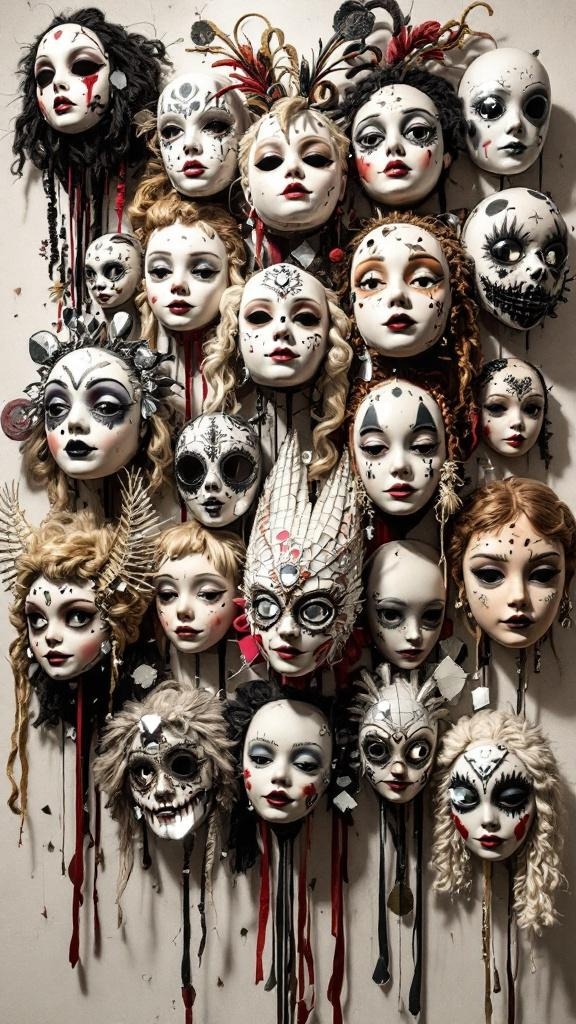 A collection of artistic doll masks displayed on a wall, showcasing various designs and colors.