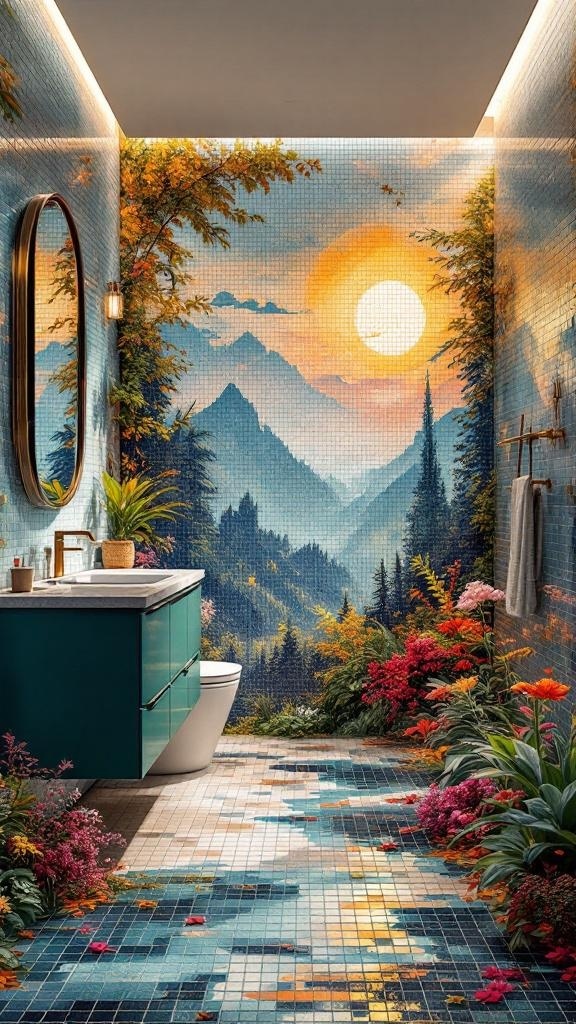 A bathroom featuring a colorful tile mosaic of mountains and a sunset, surrounded by plants and flowers.