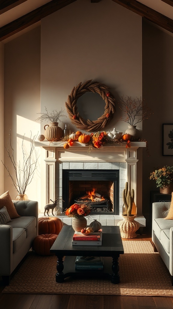 Cozy living room with a decorative fireplace adorned with autumn decor.