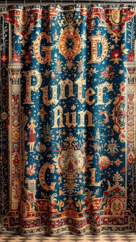 Heavy tapestry shower curtain with intricate patterns and rich colors.