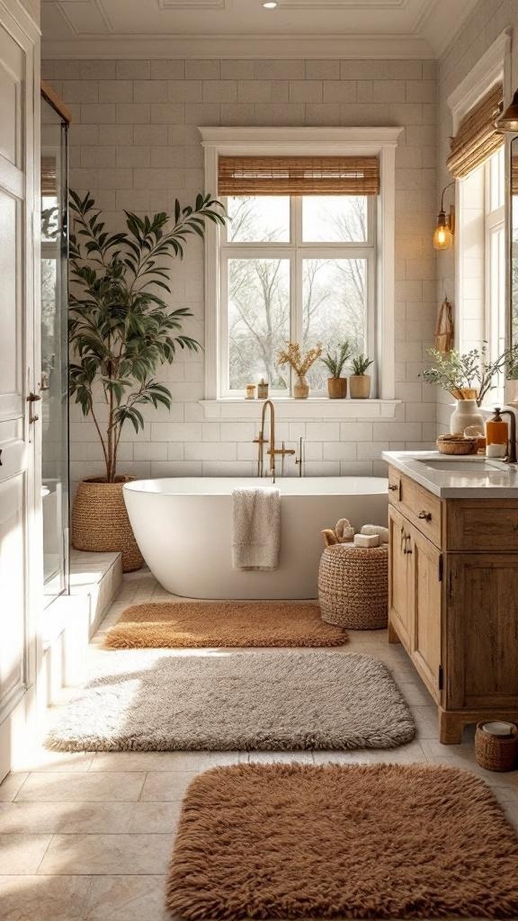 A warm, spa-inspired bathroom featuring textured rugs in earthy tones.