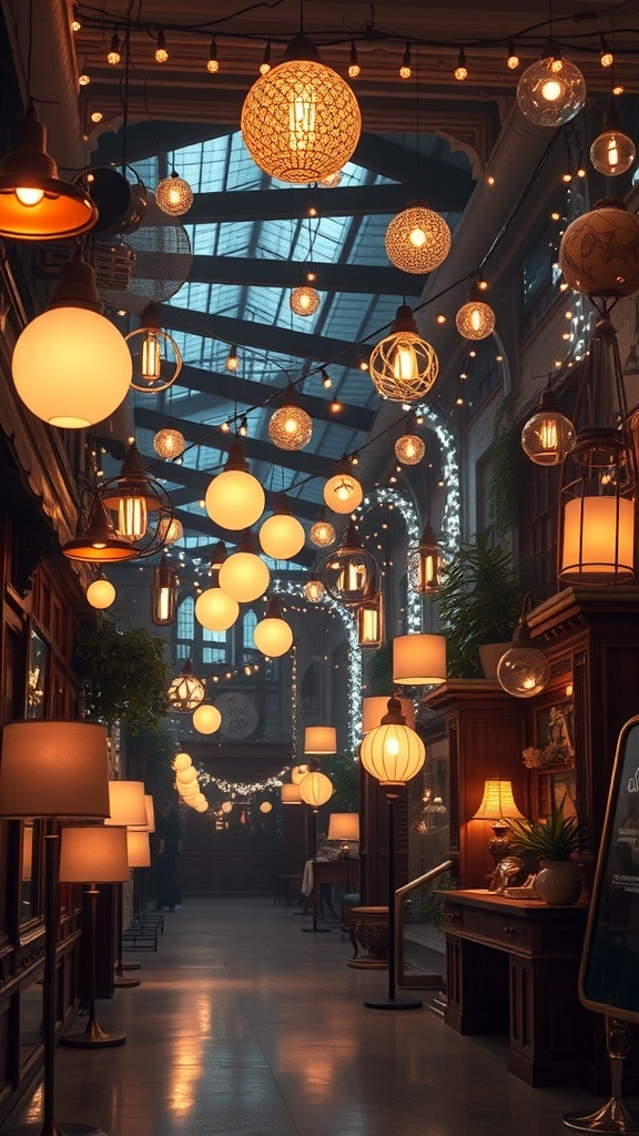 A cozy living room with various layered lighting sources including pendant lamps, floor lamps, and fairy lights.