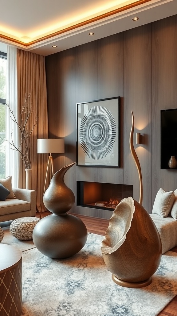 A stylish living room with sculptural elements including bold wall letters and unique coffee tables.