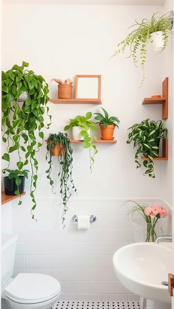 A stylish bathroom featuring vertical shelves with plants and decorative items.