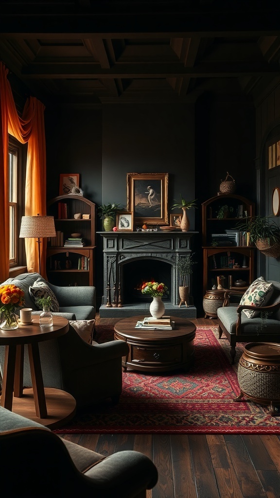 A cozy living room with dark wood accents, featuring a fireplace, bookshelves, and comfortable seating.