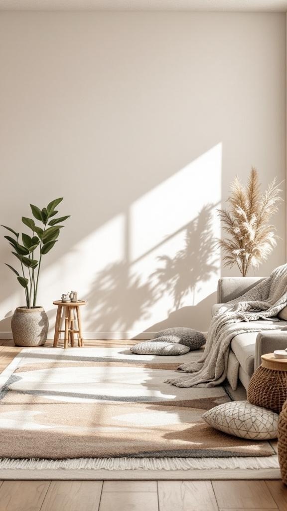 A cozy living room with layered rugs, a plant, and a comfortable sofa.