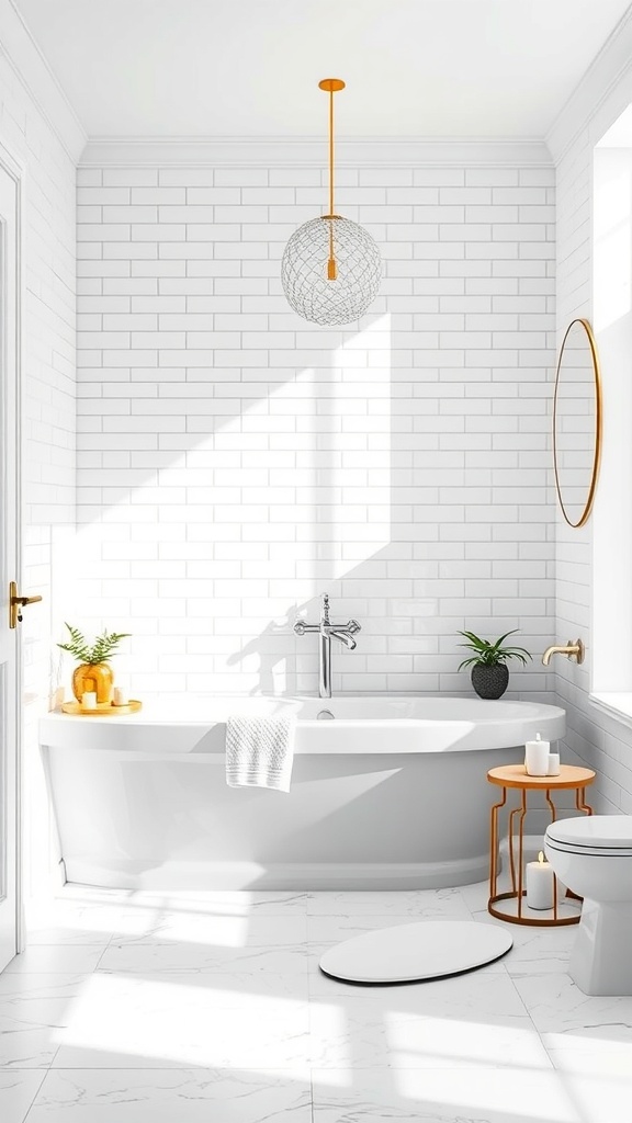A modern bathroom with marble flooring, white tile walls, and decorative accents.