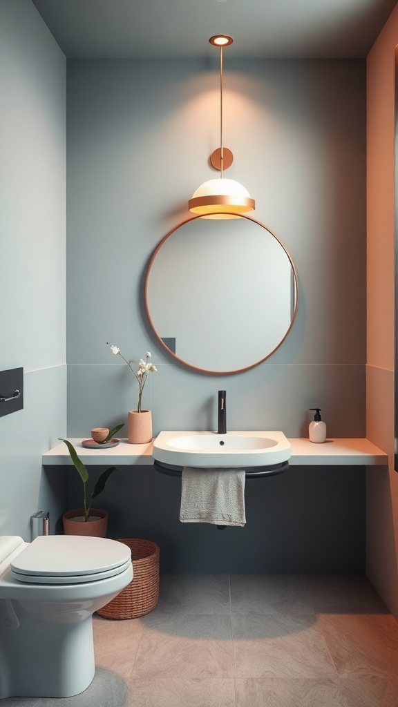 A modern bathroom featuring soft blue walls, a round mirror, and a stylish sink with warm lighting.