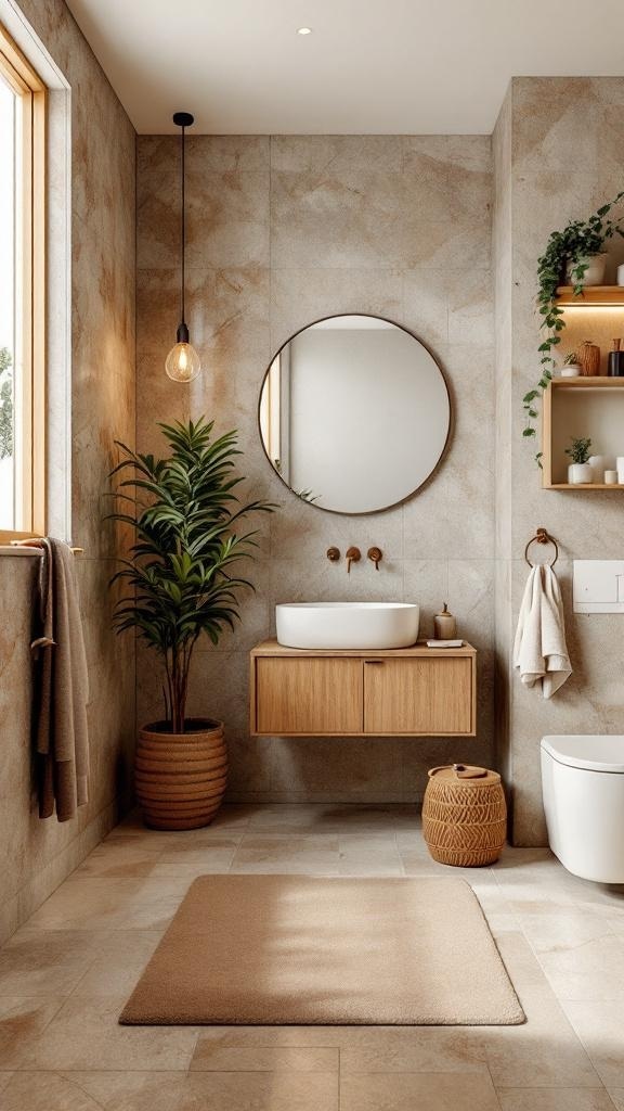A warm earth-tone spa-inspired bathroom featuring natural materials and calming colors.