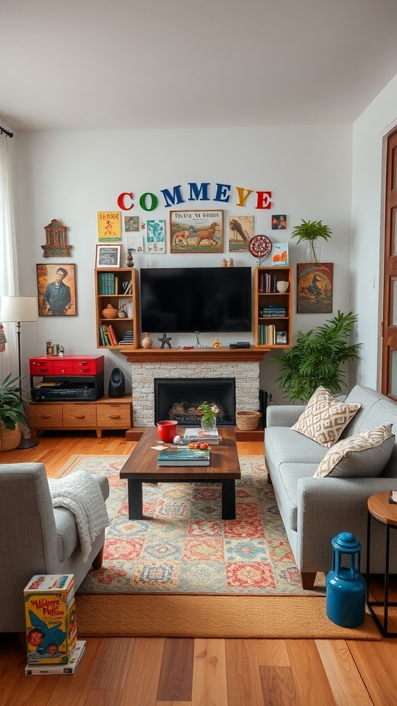 A cozy living room with interactive decor elements like a taxidermy crow and velvet bean bags.