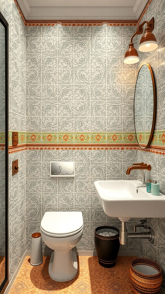 Modern bathroom with intricate tile work and stylish fixtures.