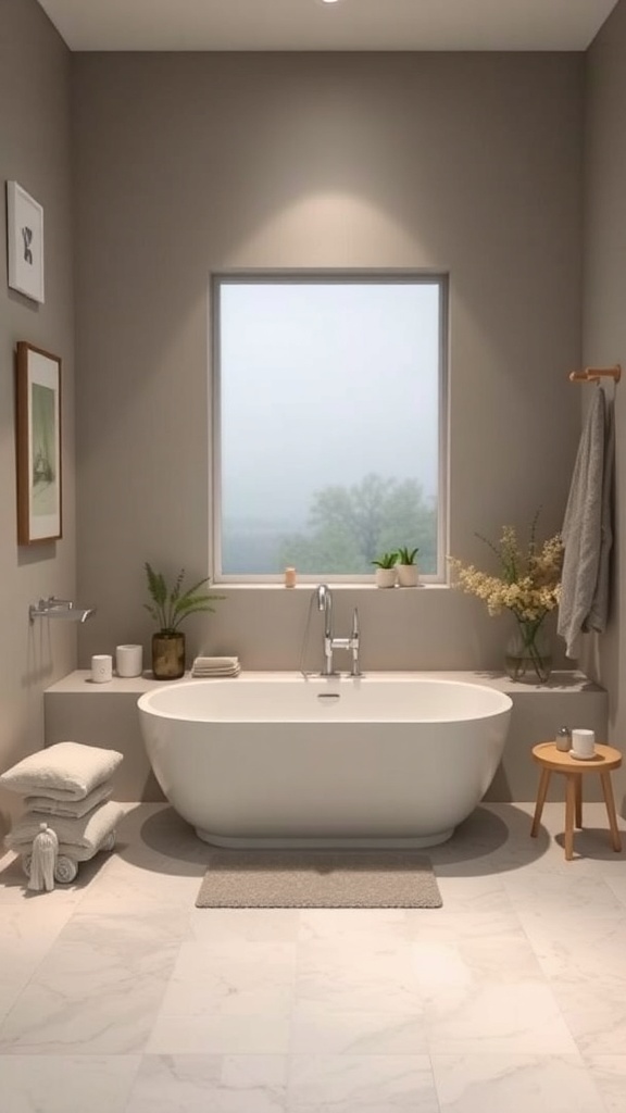 A modern bathroom featuring a white freestanding bathtub, marble flooring, and soft towels, creating a relaxing atmosphere.