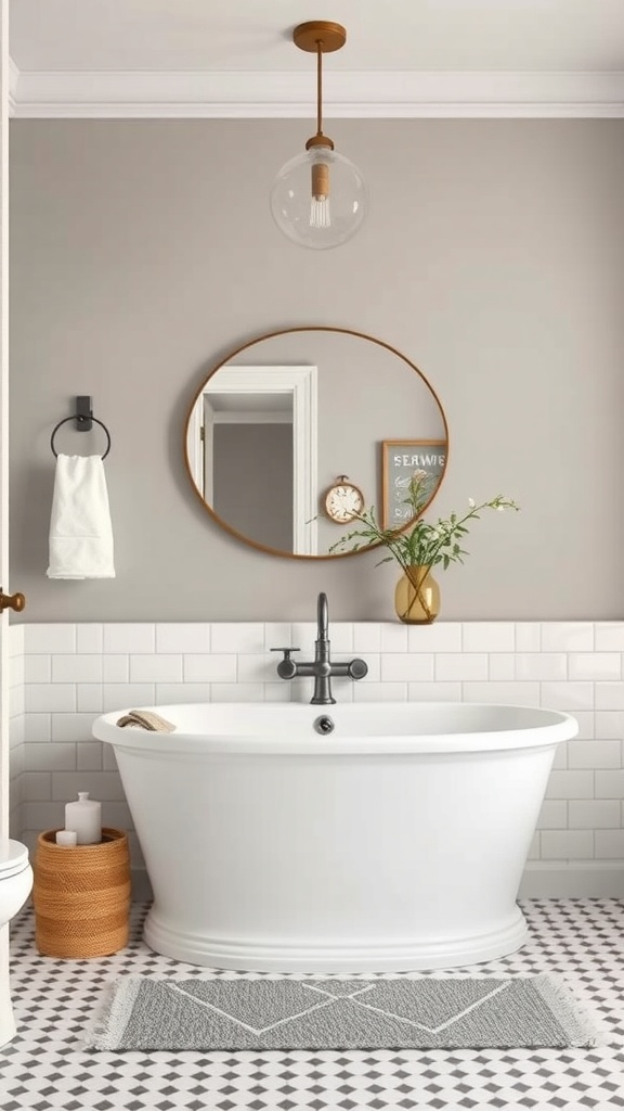 A stylish bathroom featuring a freestanding tub, gray walls, and decorative accents.