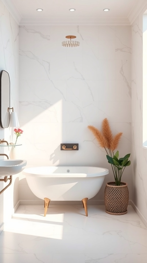 A stylish bathroom with marble flooring, white tile walls, and elegant decor.