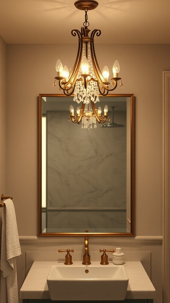 Chandelier lighting fixture in a modern bathroom setting.
