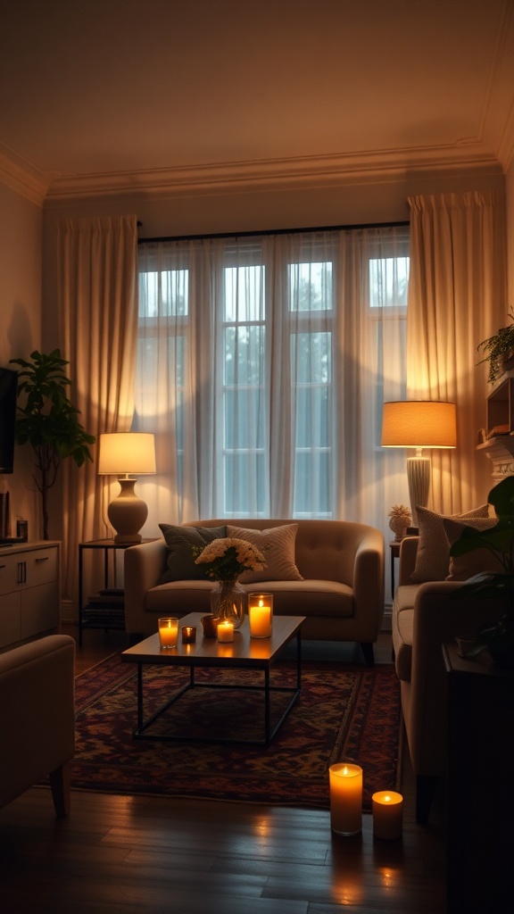 Cozy living room with soft lighting, candles, and warm decor.