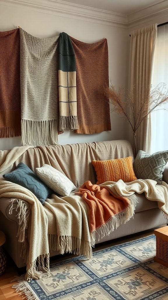 A cozy living room with various warm textiles and throws on a sofa.