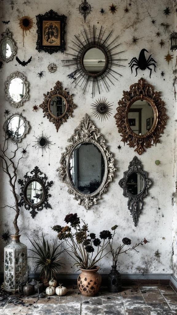 A gallery wall featuring various mirrors and spooky decor.