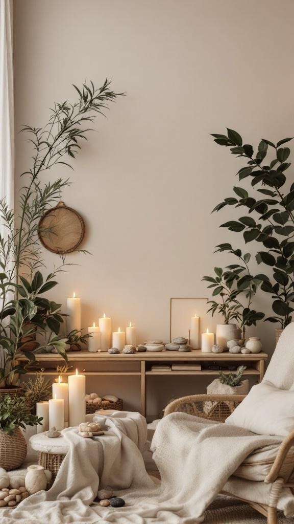 Nature-inspired altar with candles and plants in a cozy living room.